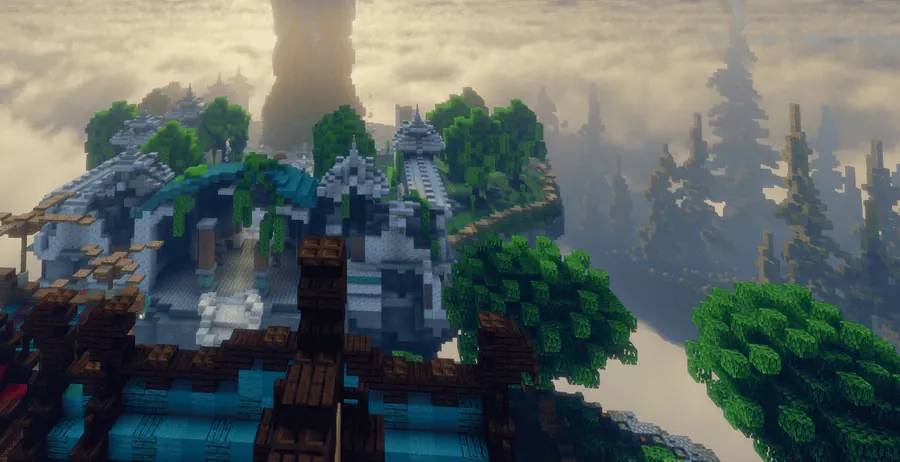Les bâtiments du spawn de Nuvalis, entourés d’arbres, au-dessus d’une mer de nuages.